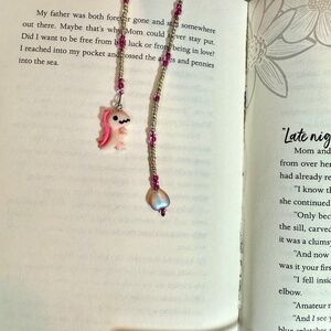 Hand Crafted Beaded Bookmark Pink Dinosaur Charm